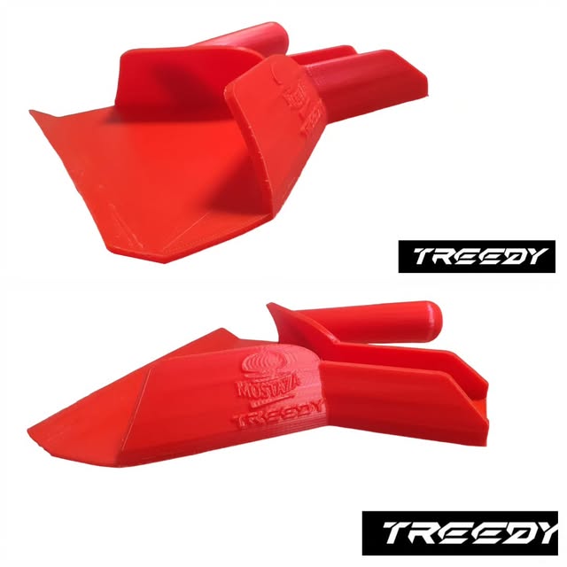 Herramienta a medida impresa en 3D en plástico rojo, vista superior e inferior